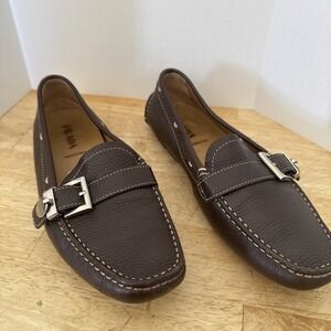 Women's Prada Buckle Driving Shoe Brown Pebbled Leather Silver Size 38, 7.5 US
